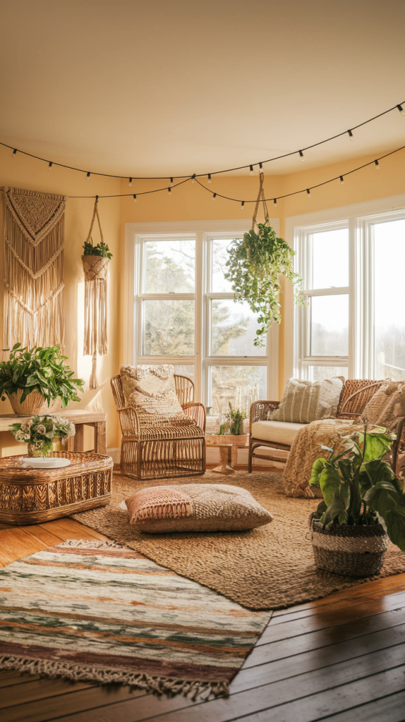 Bohemian Sunroom with Macramé and Layered Rugs