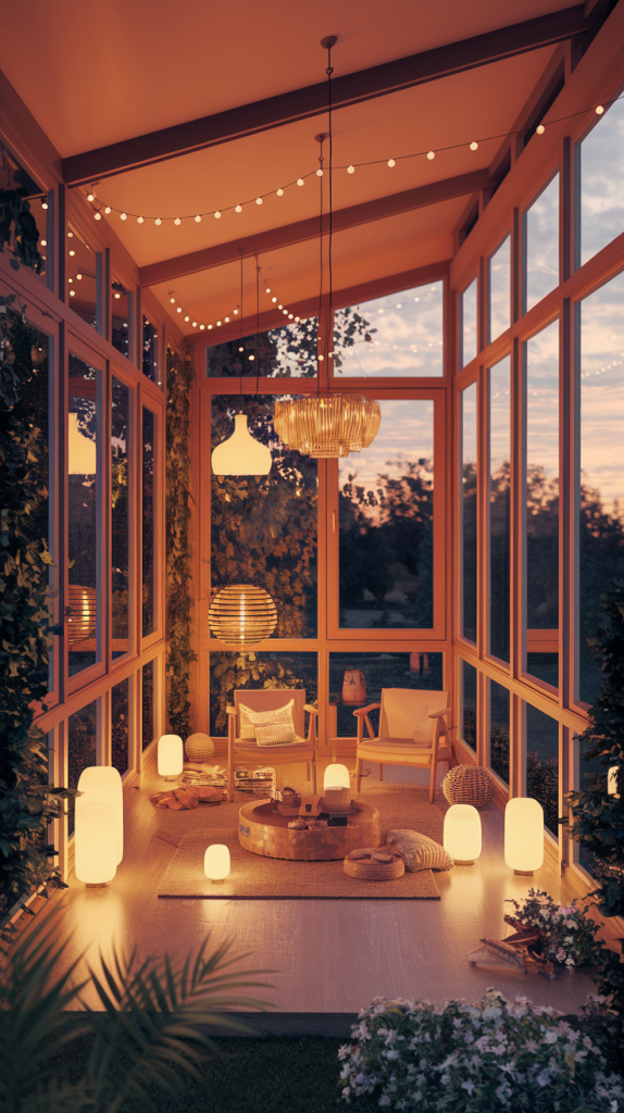Sunroom with Layered Lighting Including Pendant and String Lights
