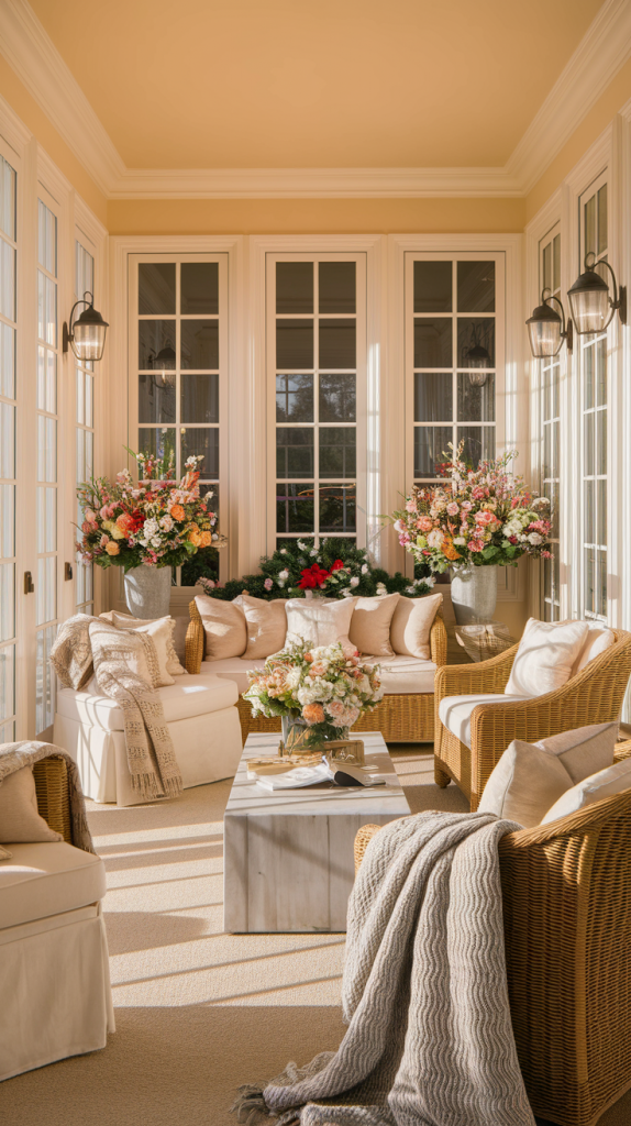 Seasonally Decorated Sunroom with Throws and Cushions