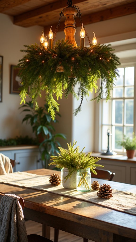 farmhouse chandelier with greenery