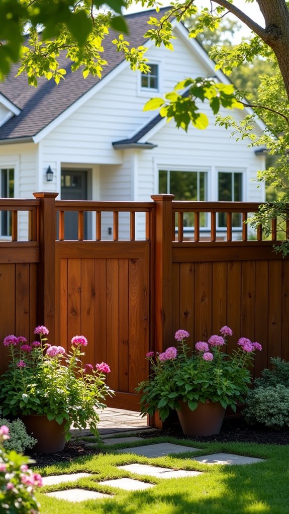 stained fence with planters