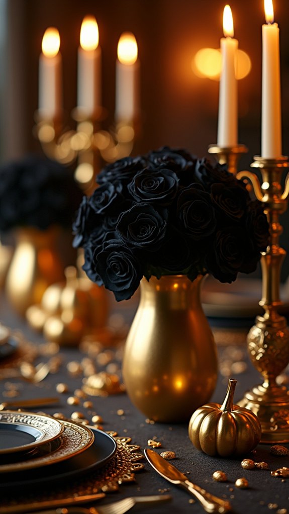 gold vases black flowers
