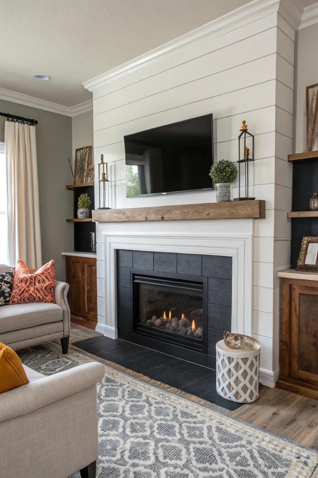Two-tone shiplap adds depth and contrast to your fireplace.