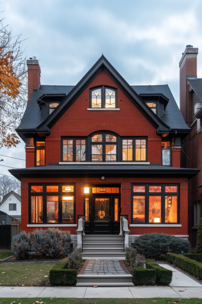 Red brick house with black trim