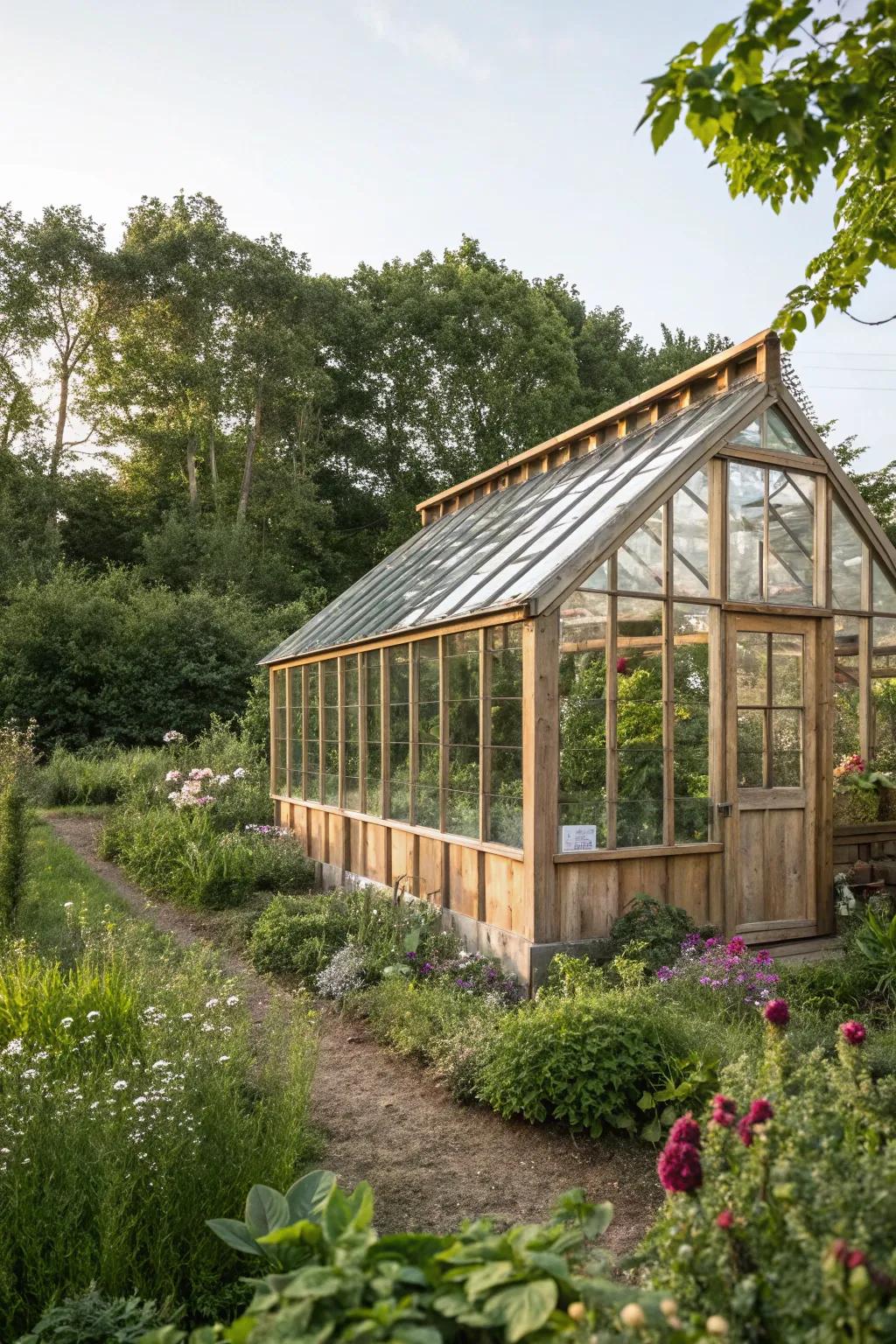 A greenhouse built with eco-friendly, sustainable materials.