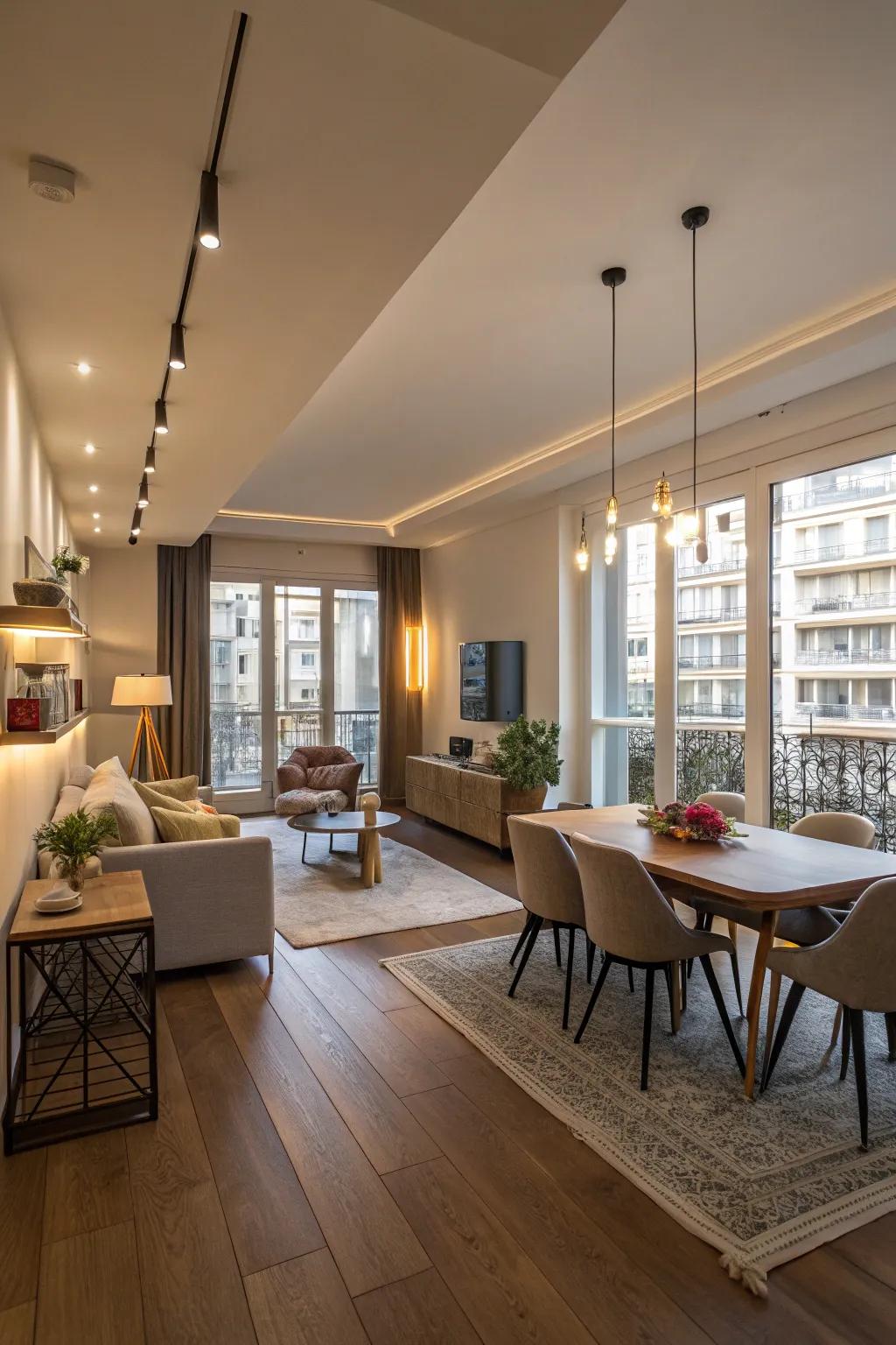 Lighting zones effectively define spaces within open-plan apartments.