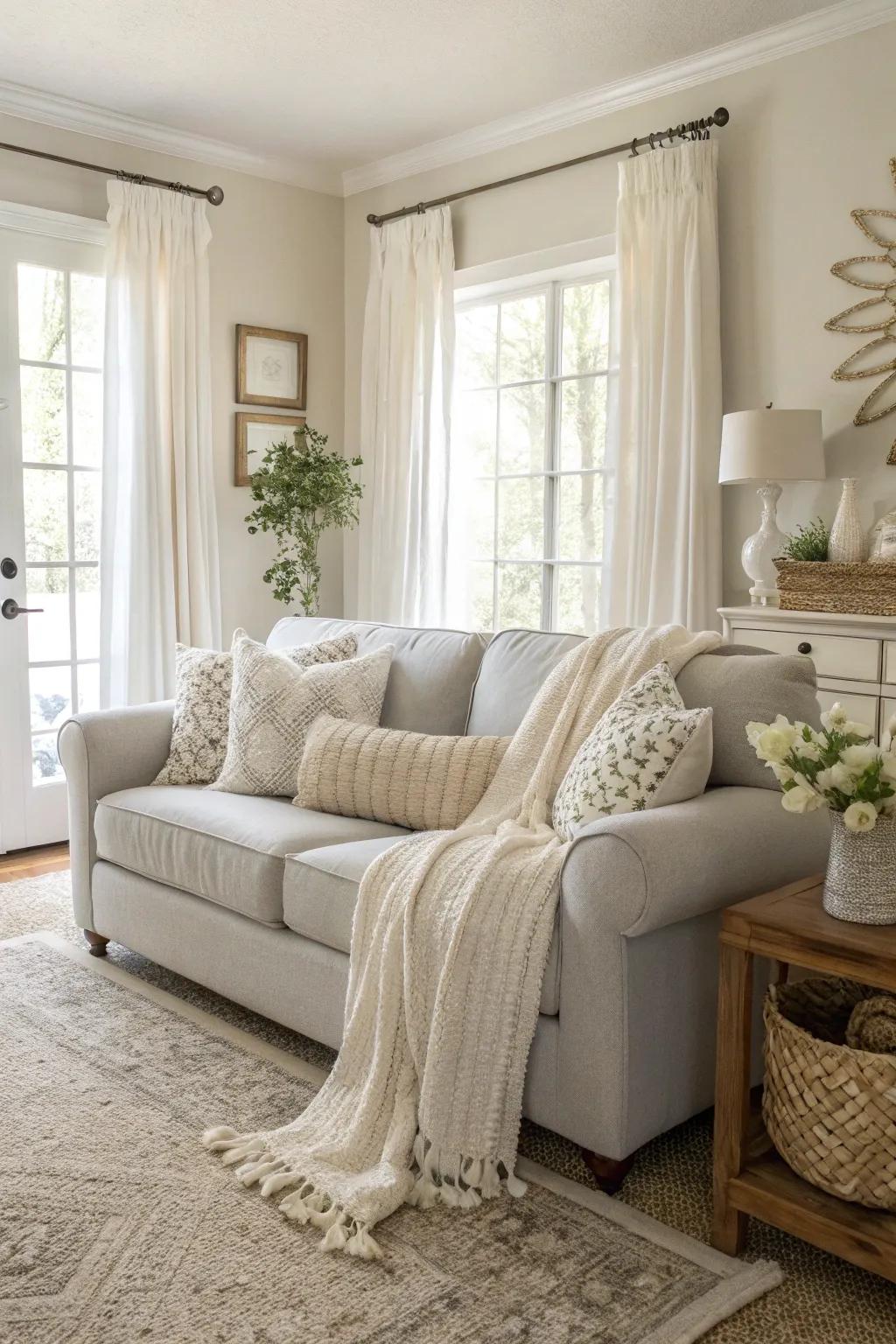 A calming neutral palette with a light grey couch as the centerpiece.