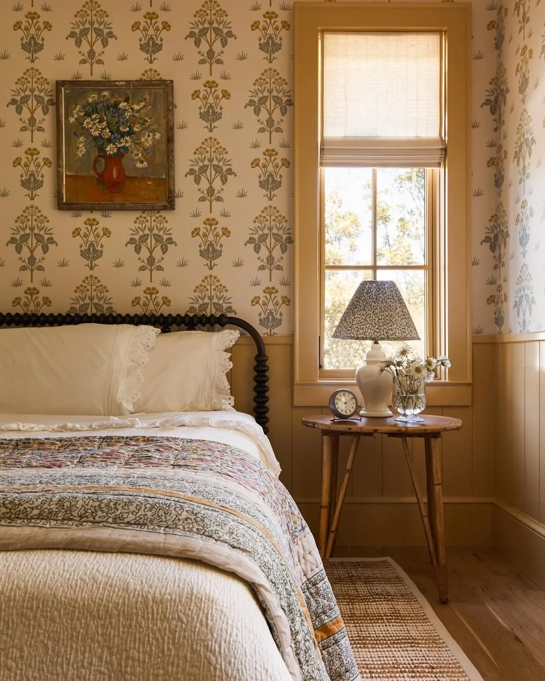 Timeless Vintage Florals Paired with Mustard Accents (Earth Tones Bedroom Ideas)