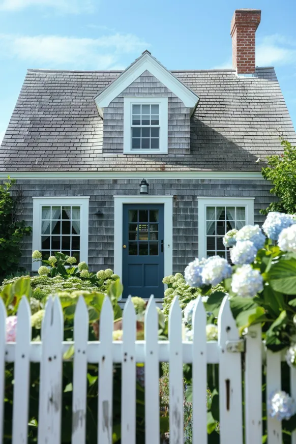 Cape Cod home with weathered cedar shingles and white picket fence