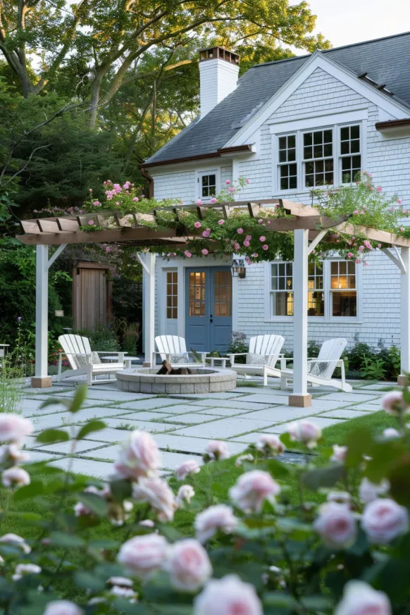 Cape Cod patio with fire pit and pergola