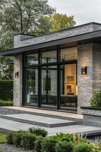 Minimalist gray brick house with black trim