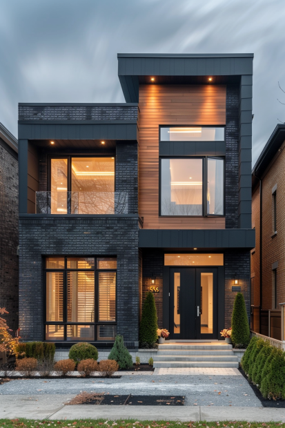 Modern black brick house with large windows and outdoor fireplace