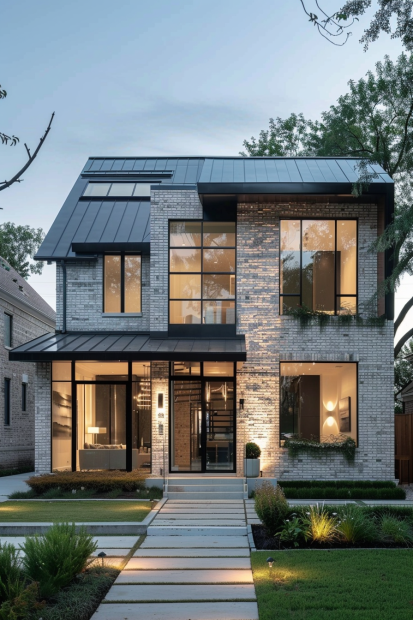 Light brick house with glass windows and black accents