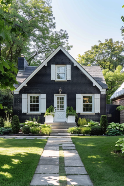 Black brick cottage with white windows