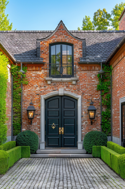 Black double doors on red brick house