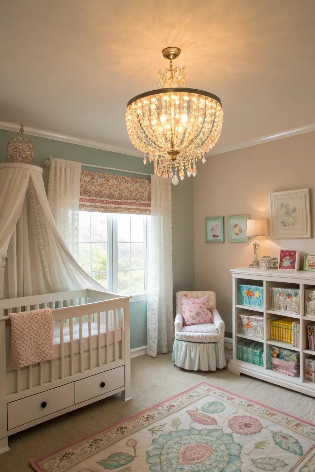 A chandelier adds an air of elegance and gentle light.