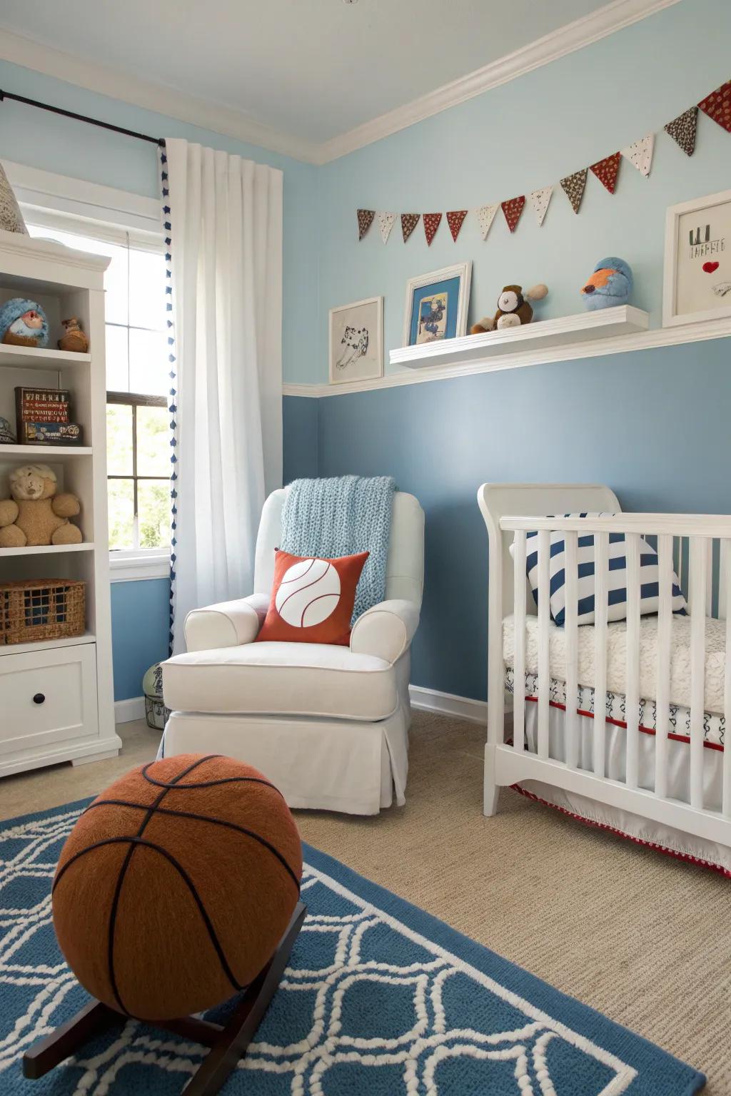 A soothing color scheme with athletic accents cultivates a balanced baby room atmosphere.