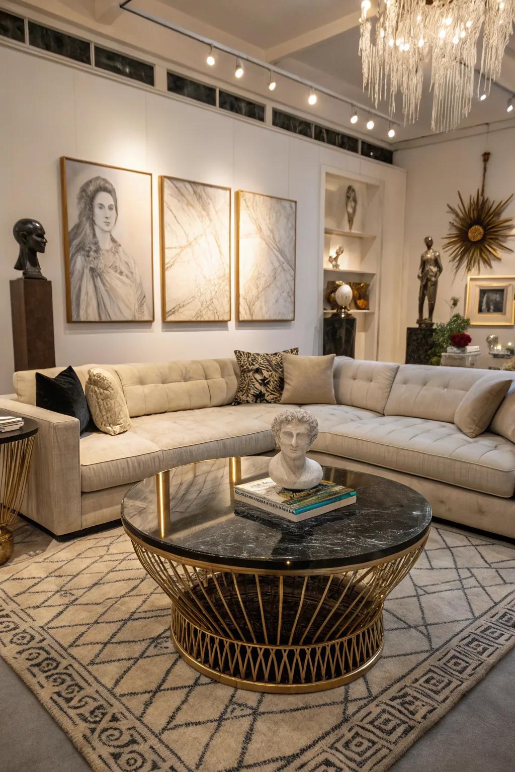 A sculptural center table adds artistic flair to a stylish living room.