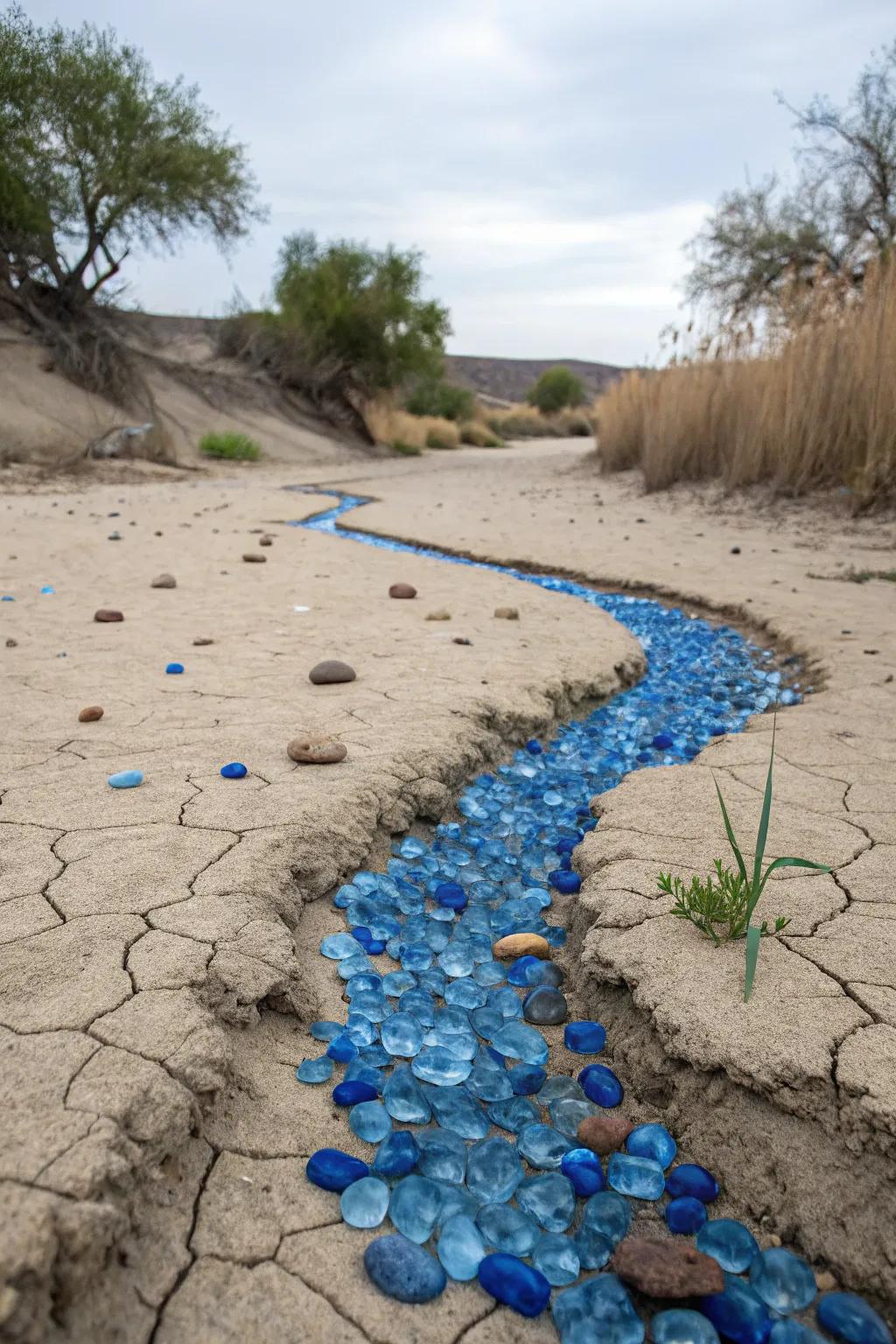 Azure glass rocks imitate a flow of water in your dried brook.