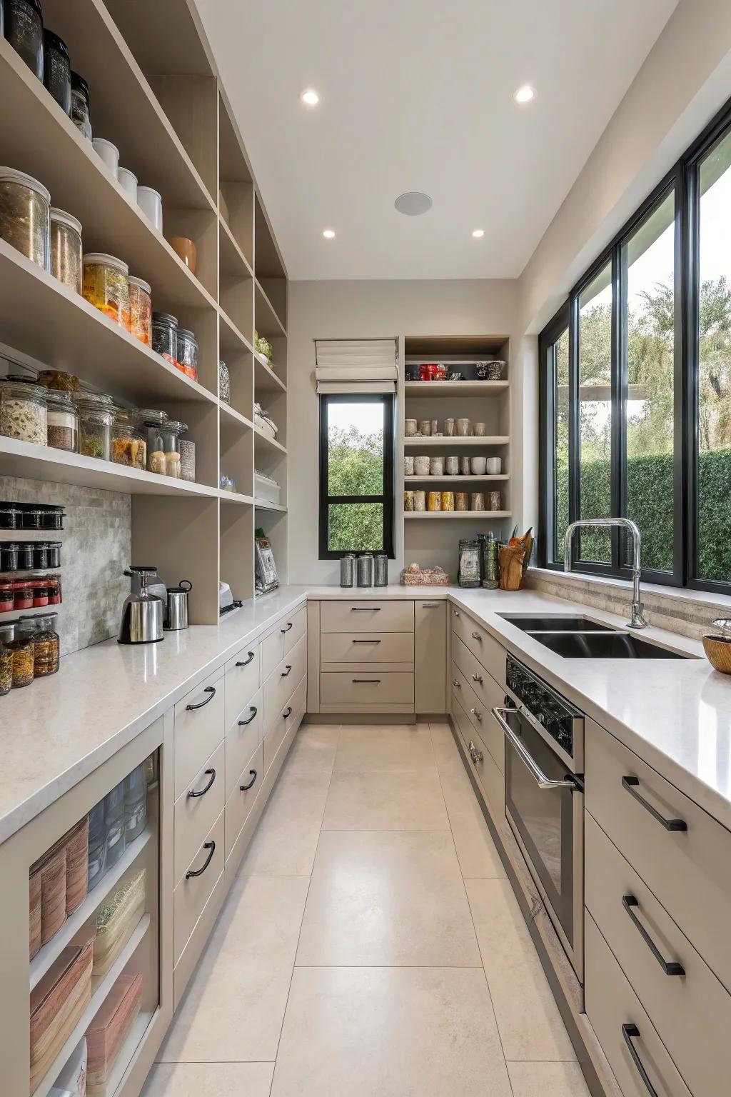 A U-shaped layout optimizes pantry space.