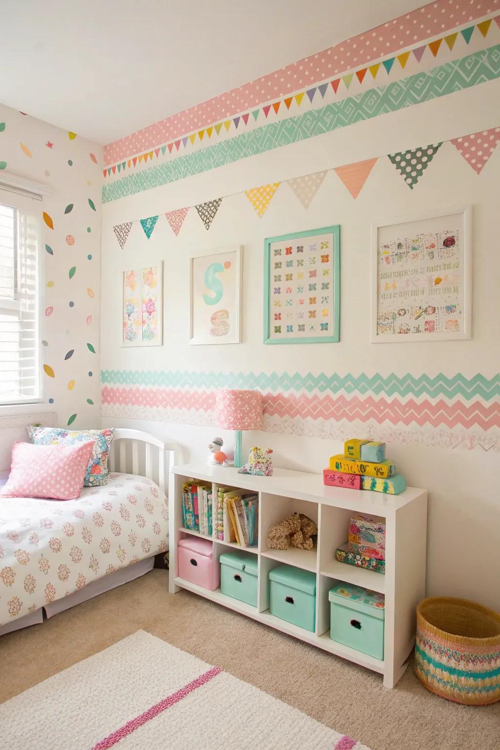Washi tape designs add a creative and customizable element to the walls.
