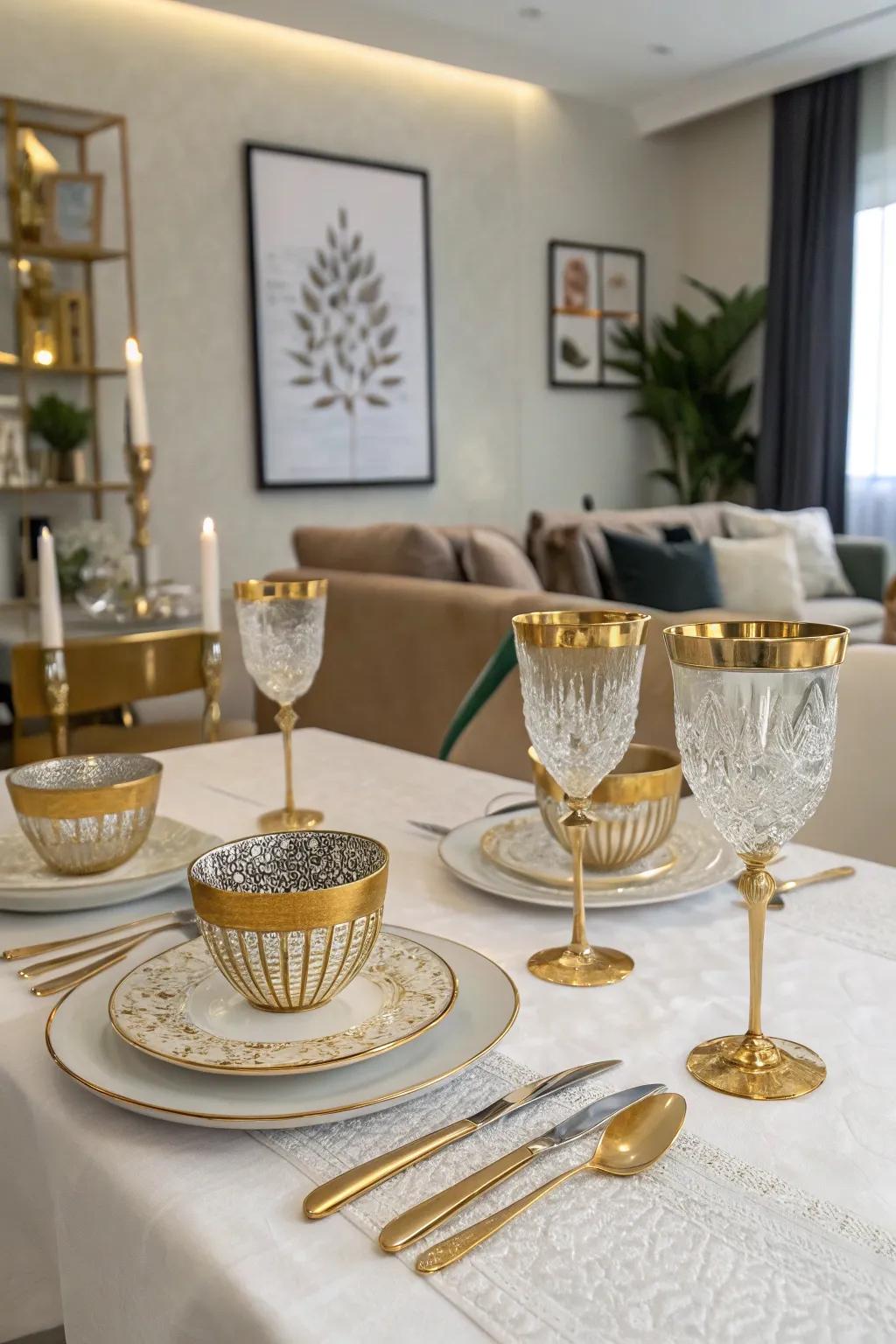 Gold-rimmed glassware adds a touch of elegance to your party.