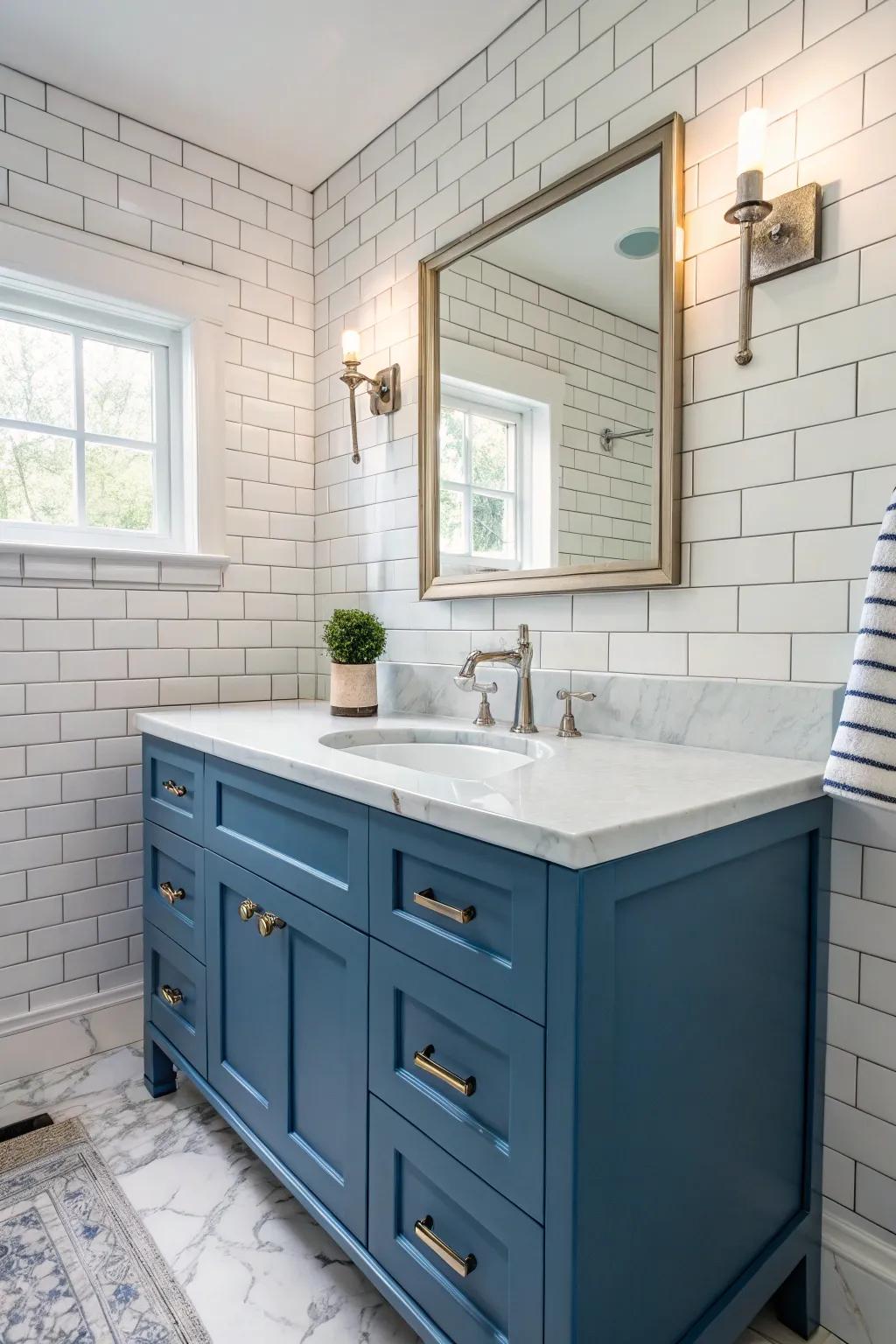 Contrasting components emphasize the beauty of a blue vanity.