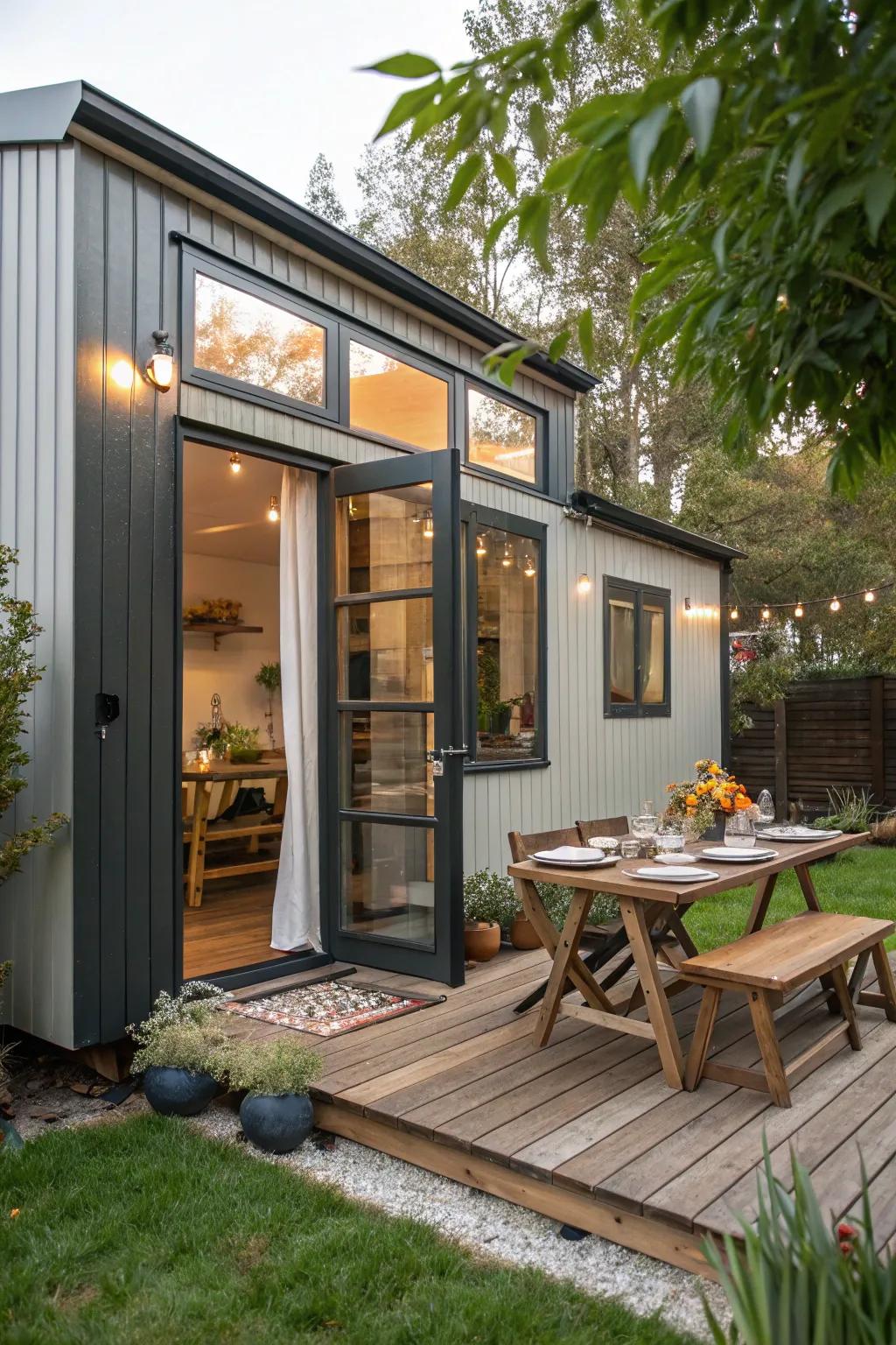 Hinged windows effortlessly combine outside and inside locations.