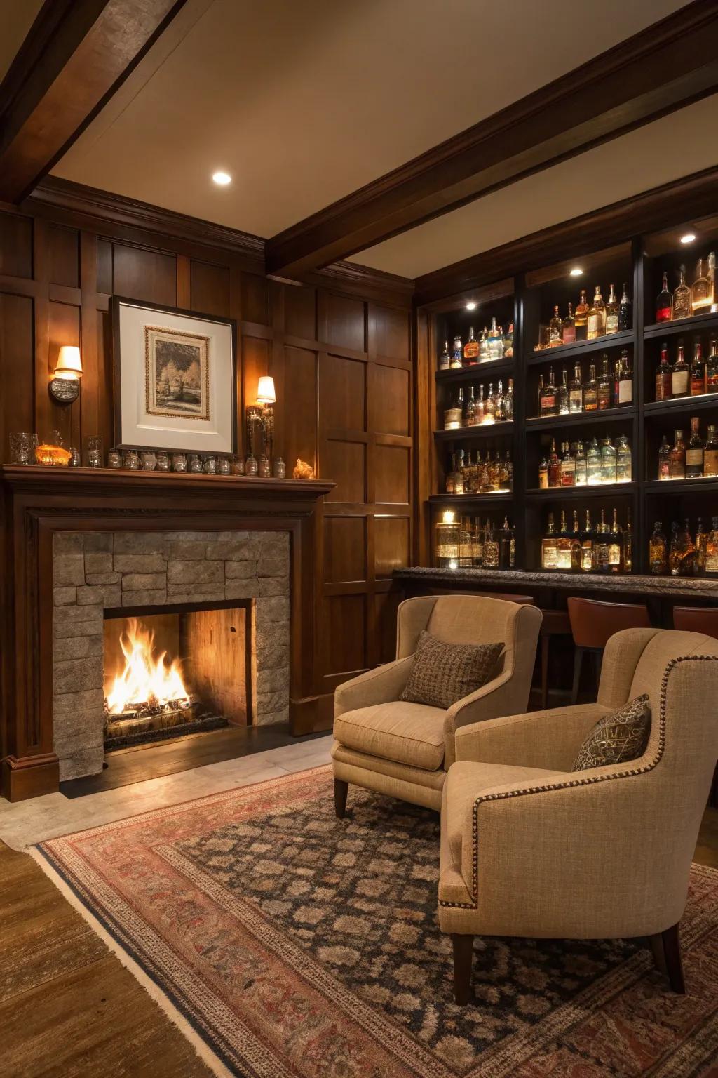 A hearth serves as a cozy center spot in the spirits lounge.