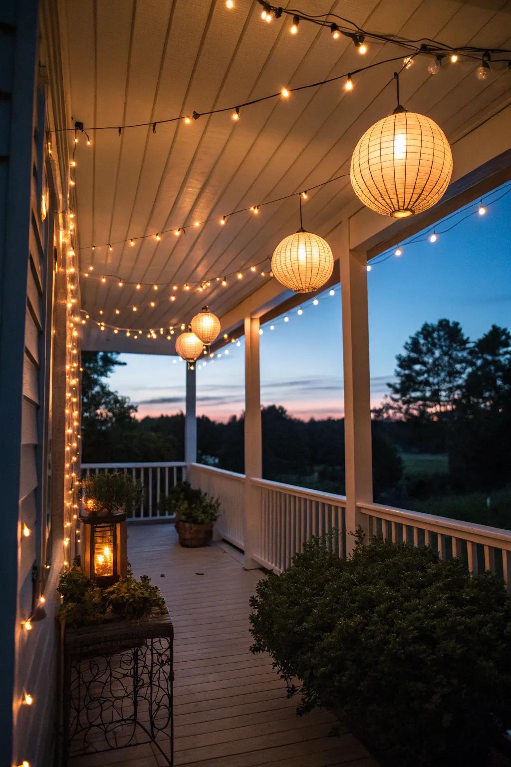 Fairy lights and lanterns offer a warm glow on this small back porch.