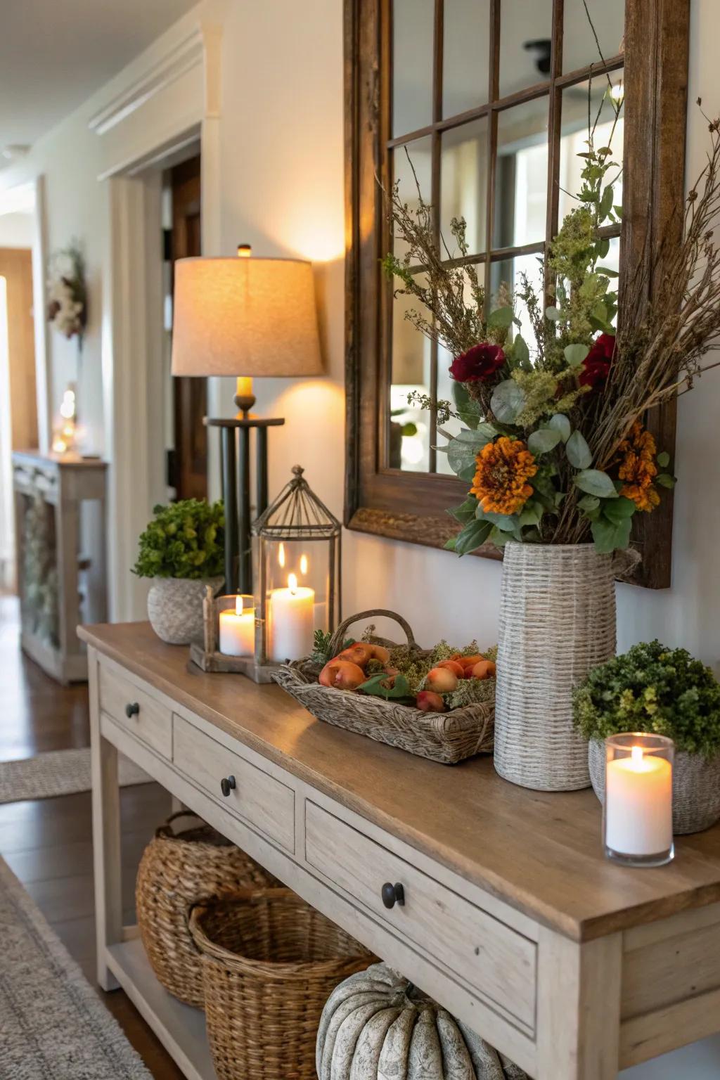 Seasonal décor maintains a lively and refreshing atmosphere in your foyer.