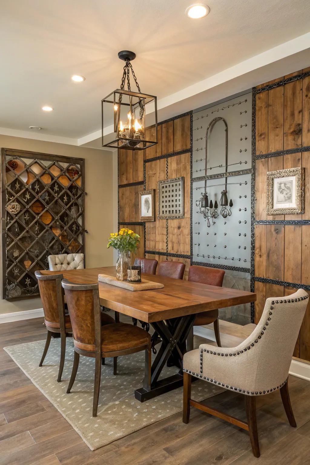A dining area showcasing a varied blend of timber and metal on the surface.