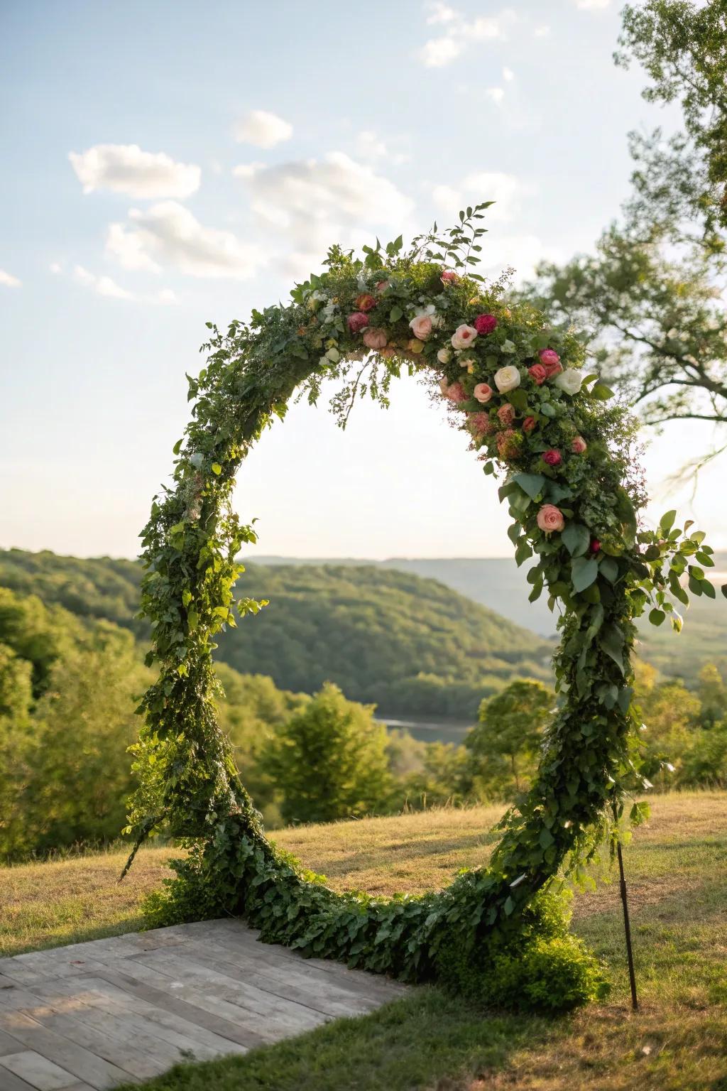 A circle arch lush with greenery, perfect for nature lovers.