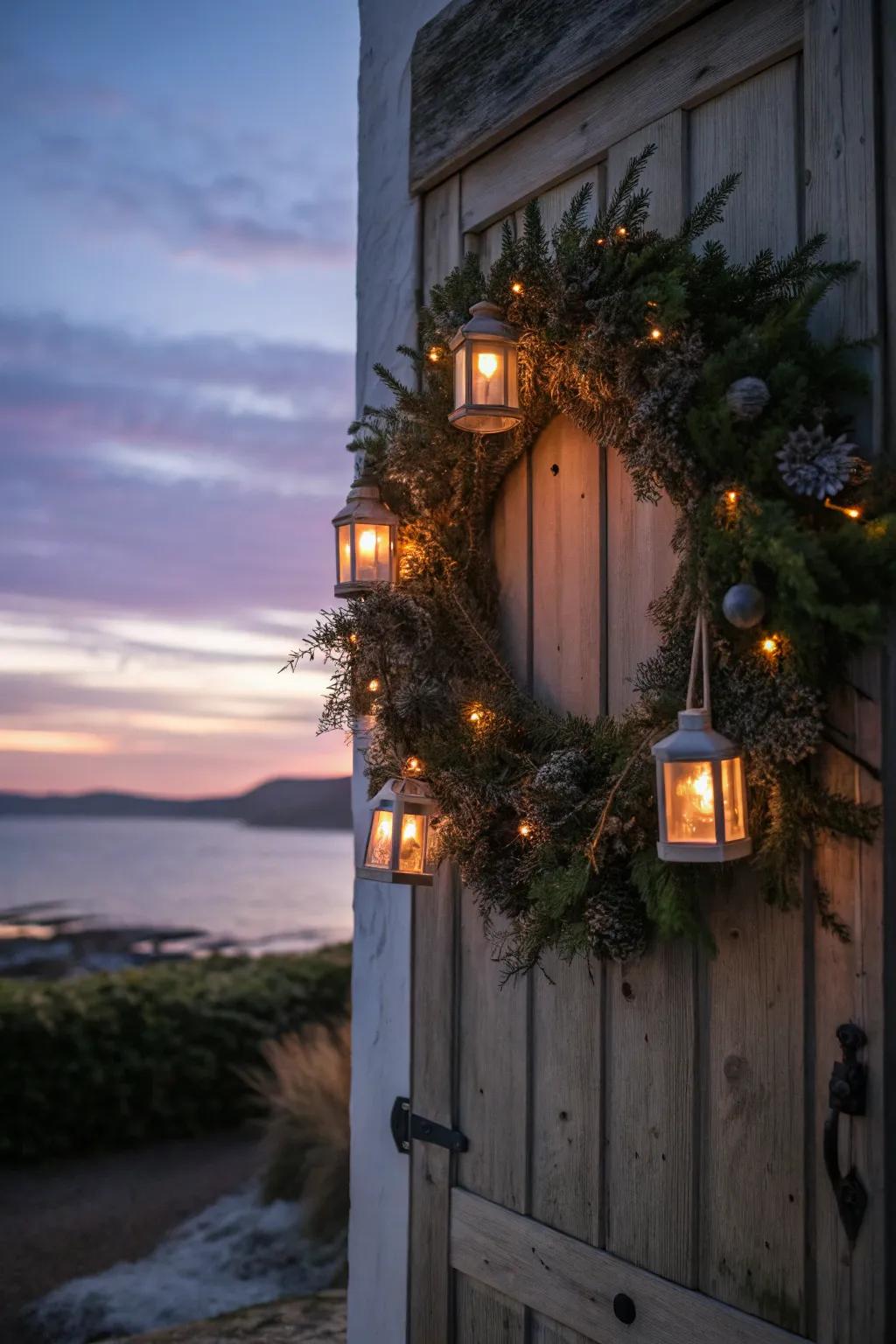 This wreath is lit by lanterns, resulting in an enchanting winter radiance.