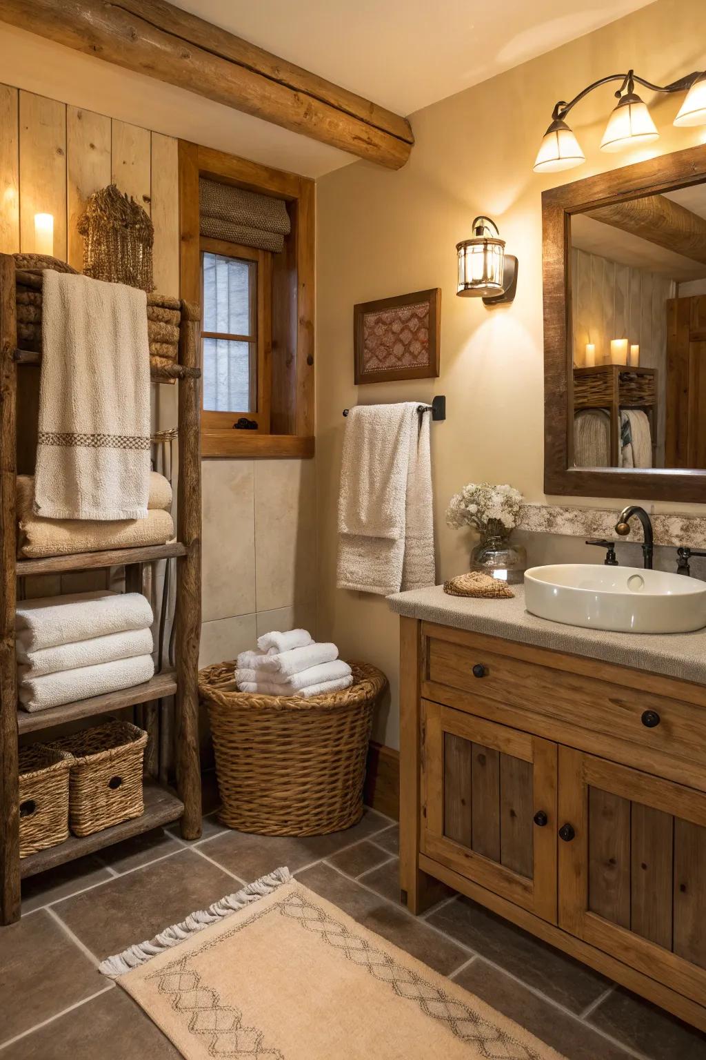 Coordinated towels and accessories create a cohesive look.