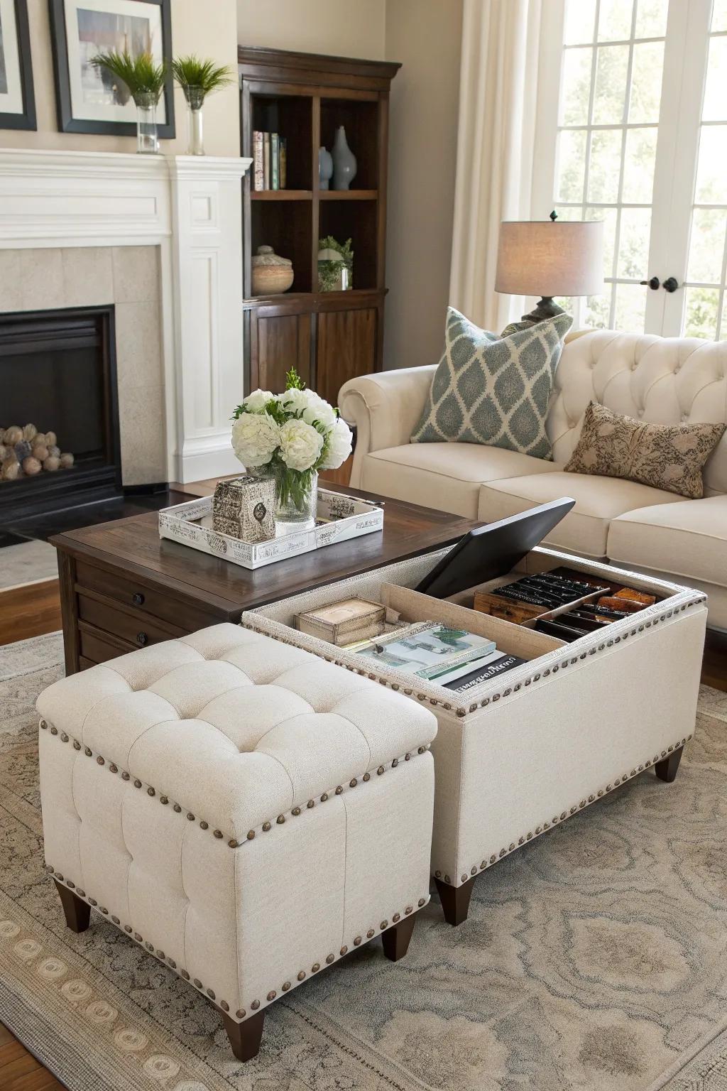 A functional yet fashionable living room featuring furniture with multiple uses.