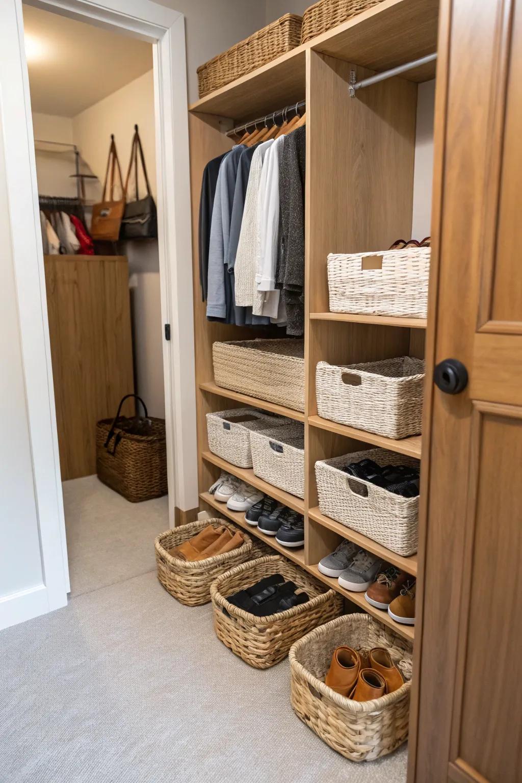 Baskets in the closet offer an ordered and neat footwear storage option.