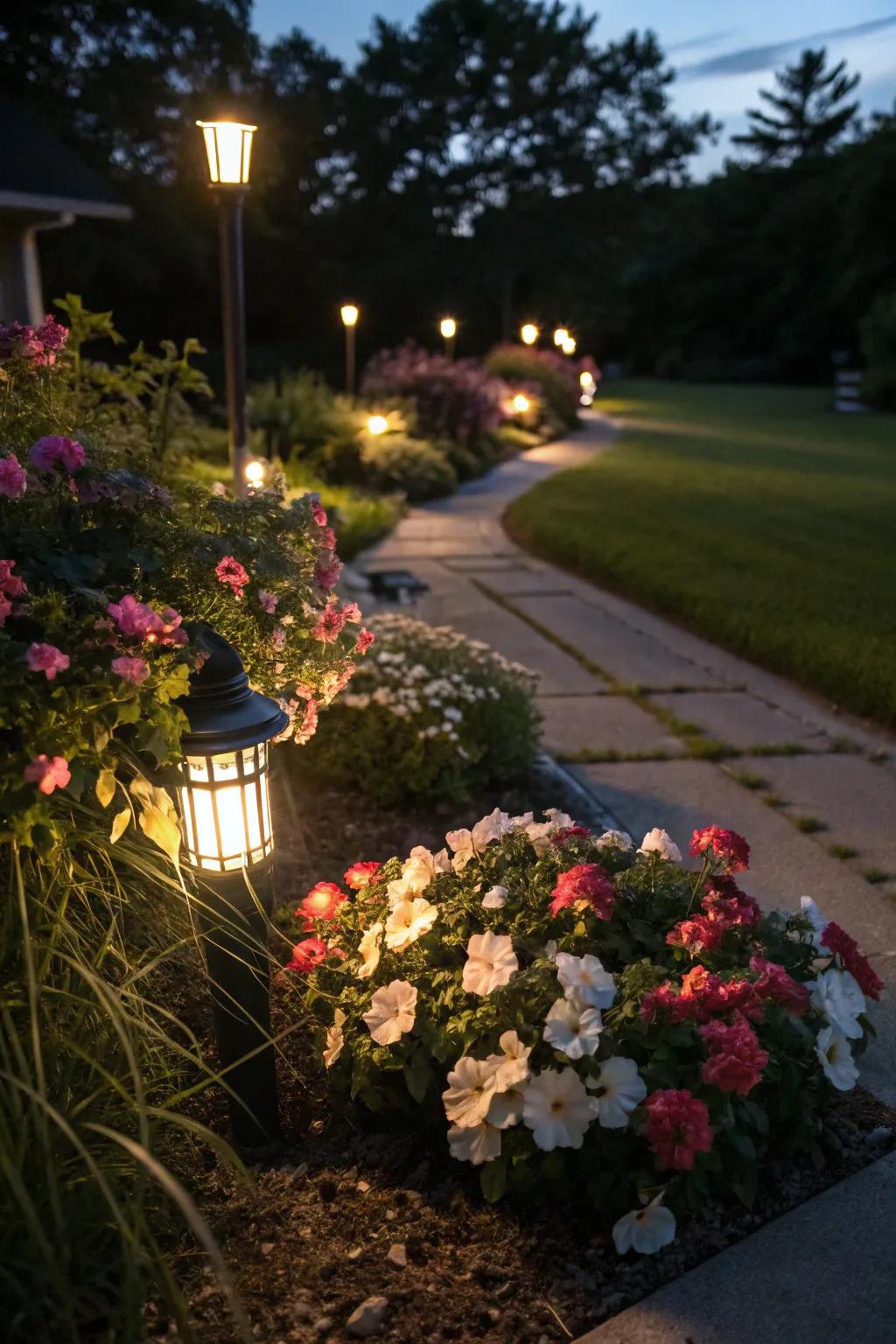 Solar lights add a magical glow to the garden at night.