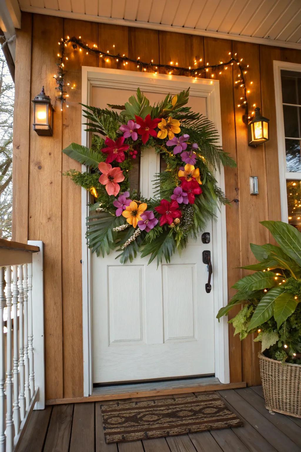 A tropical wreath to greet your guests with Hawaiian hospitality.