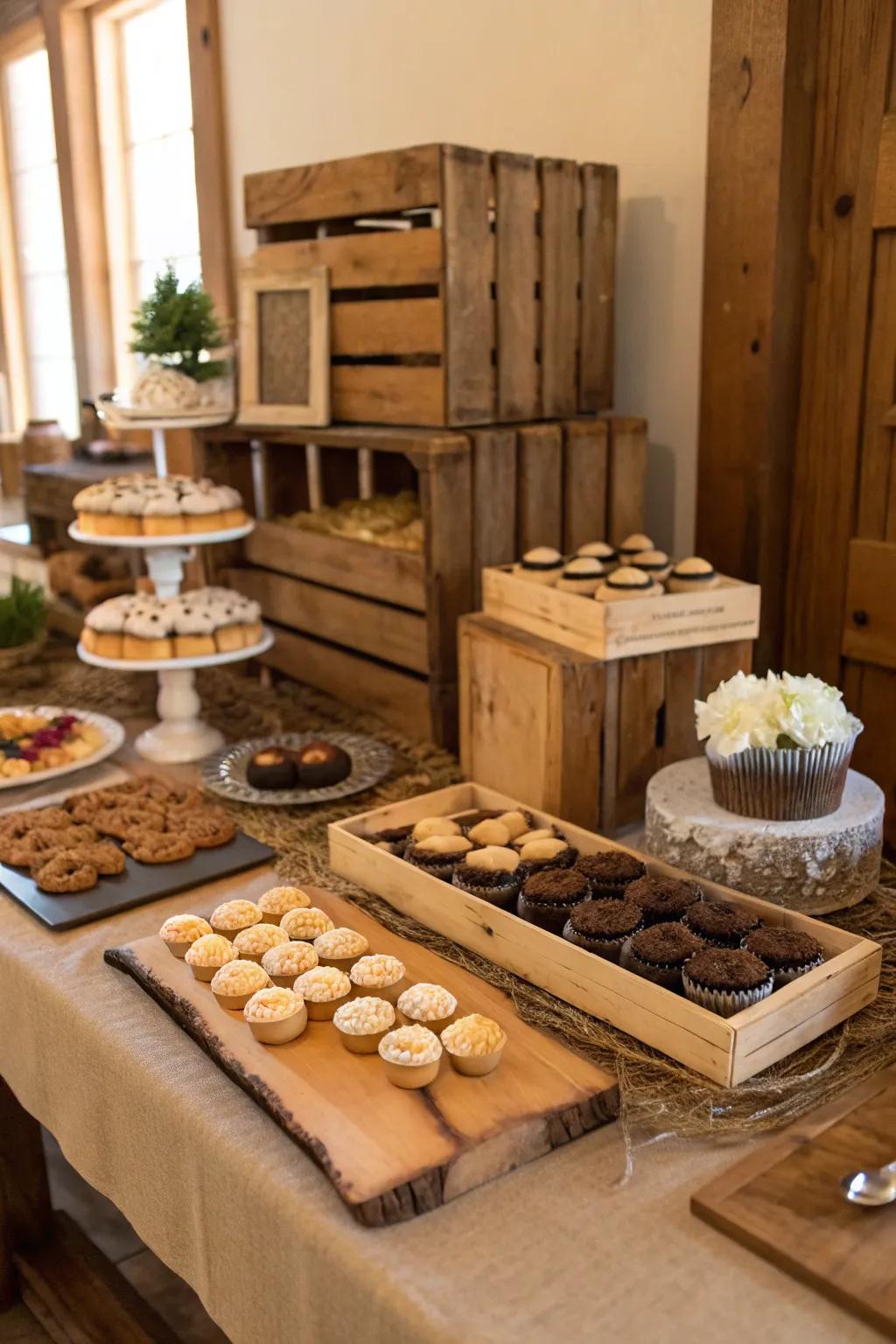 Wood additions contribute an organic charm to sweets tables.
