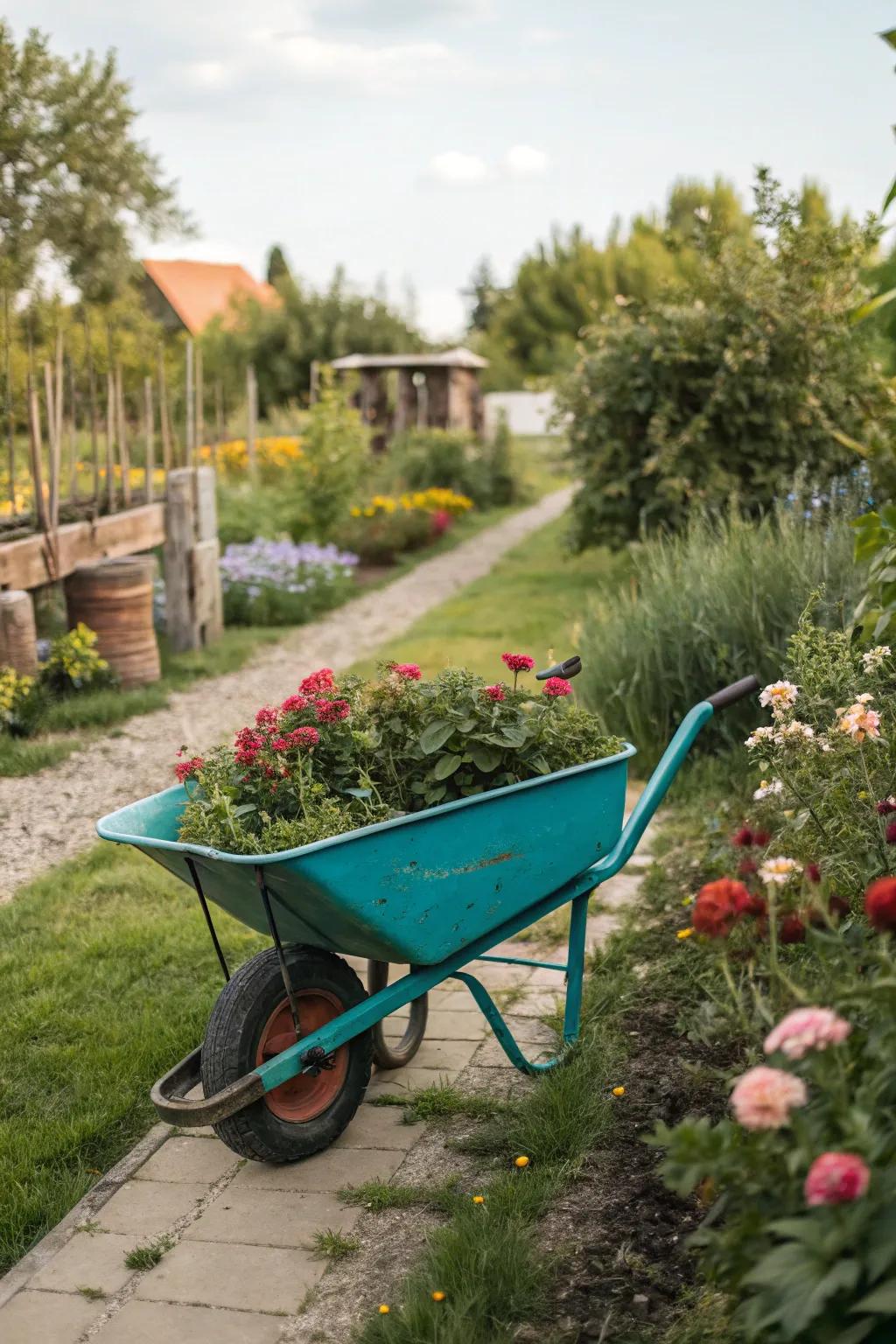 A dash of color with a freshly painted wheelbarrow.