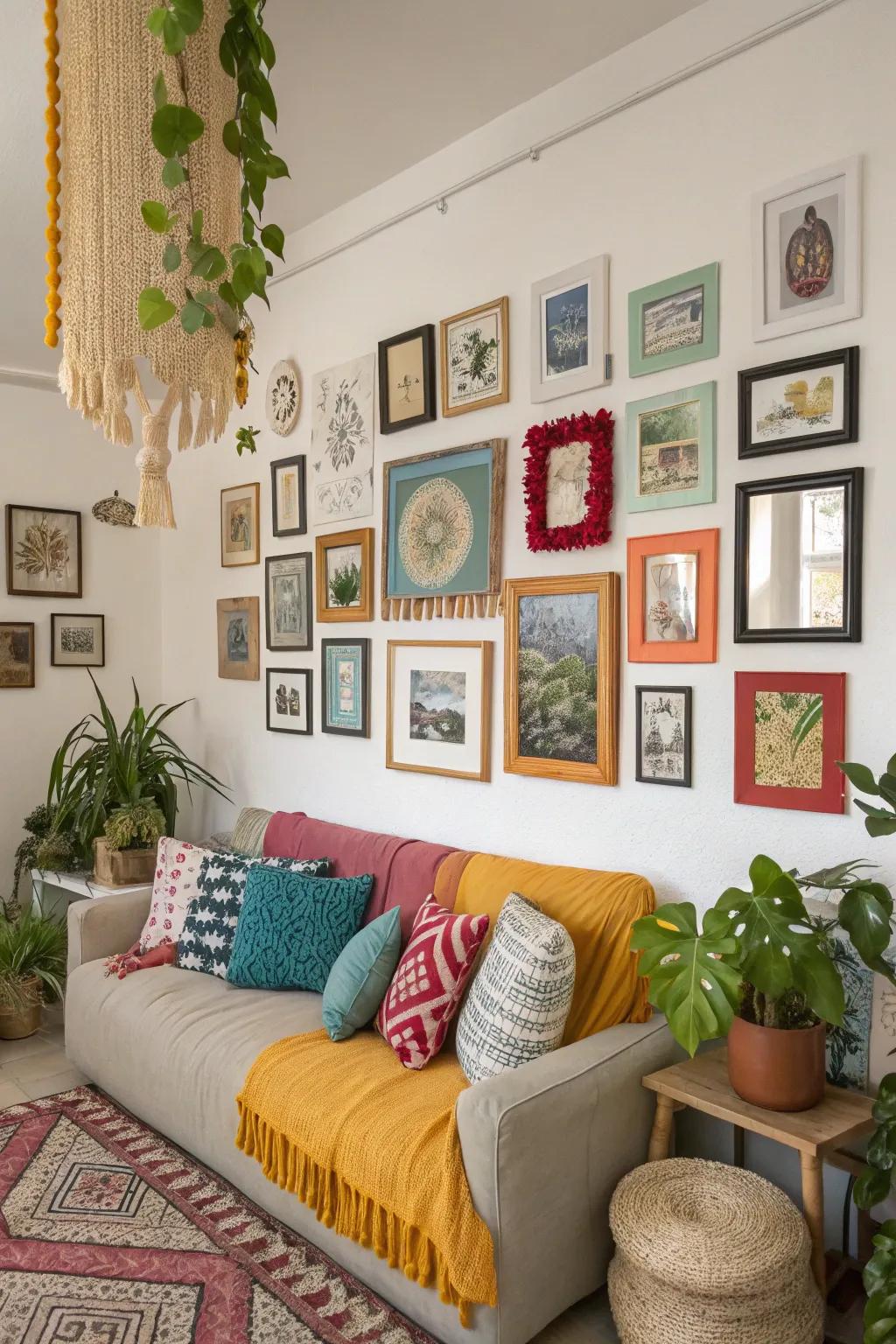 A vibrant mix of picture frames adds charm and interest.
