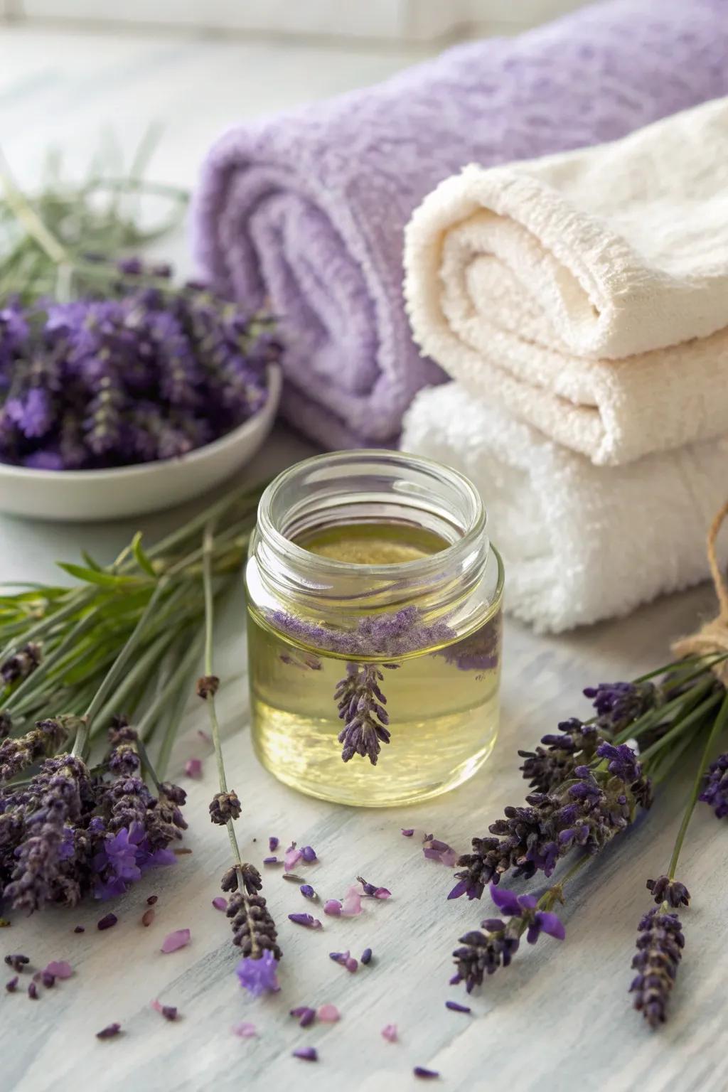 Treat yourself to homemade lavender-mixed elixir for relaxation.