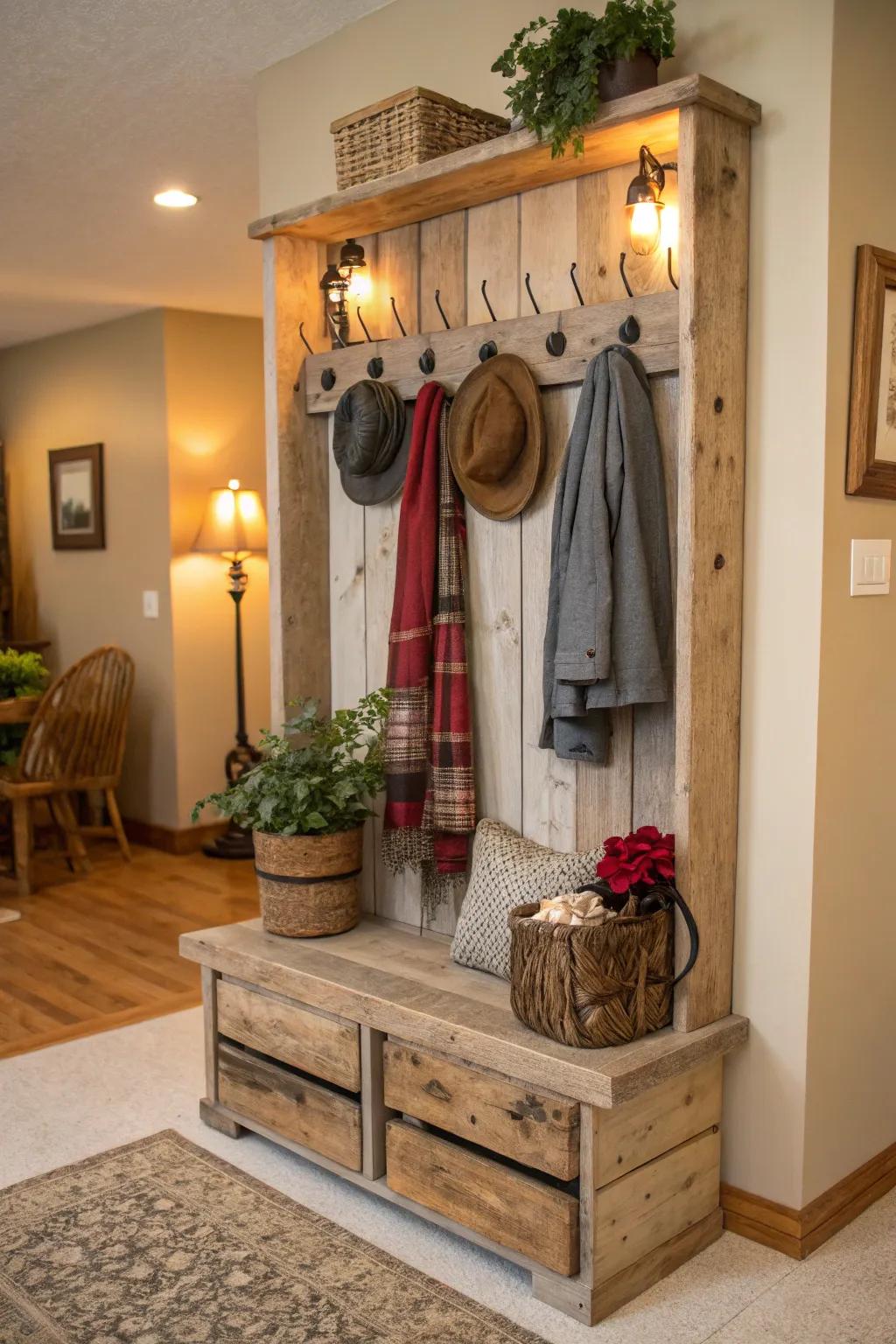 Celebrate homespun warmth with this hall tree made from reclaimed wood.