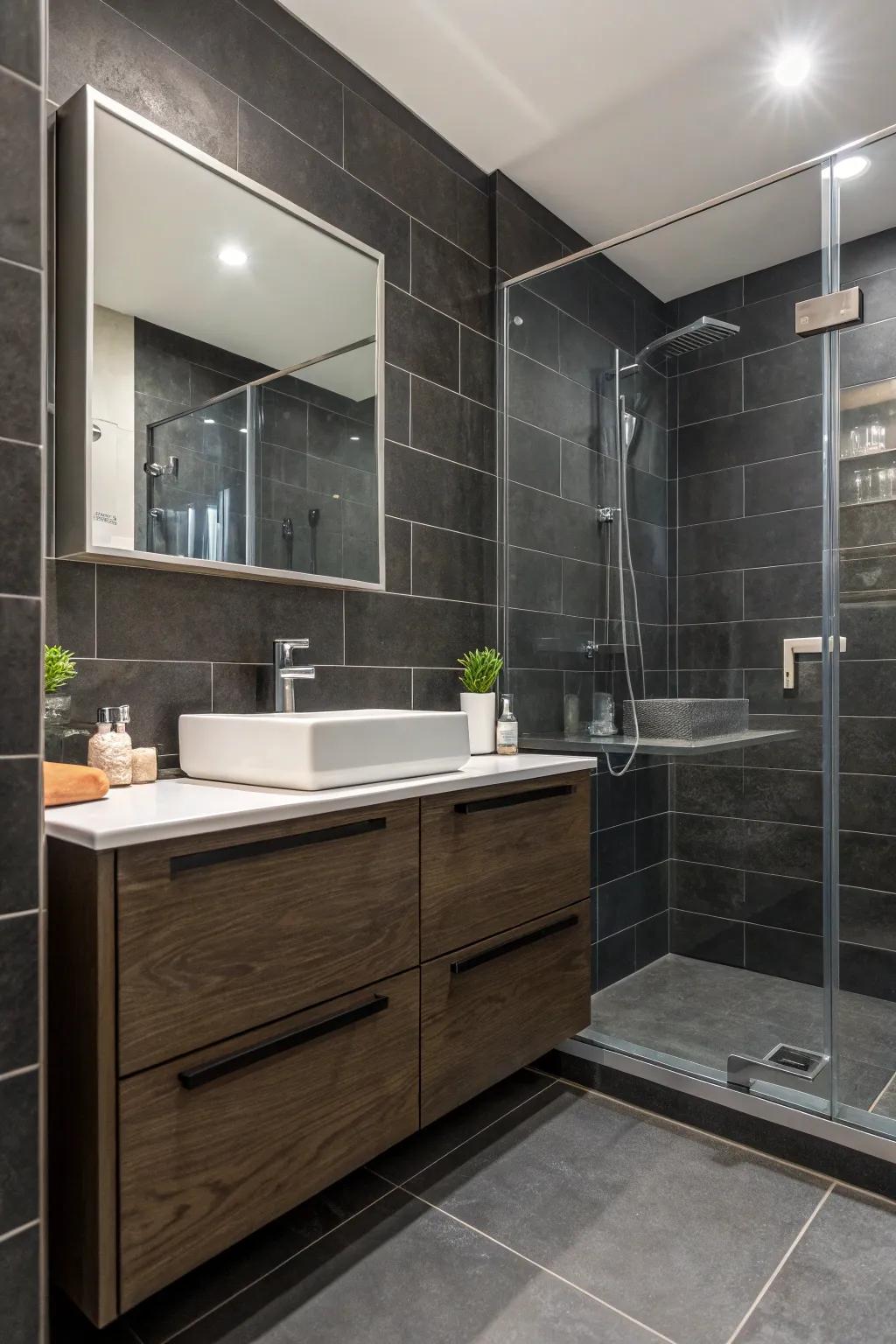 A bathroom's dark sophistication, highlighted by charcoal tiles.