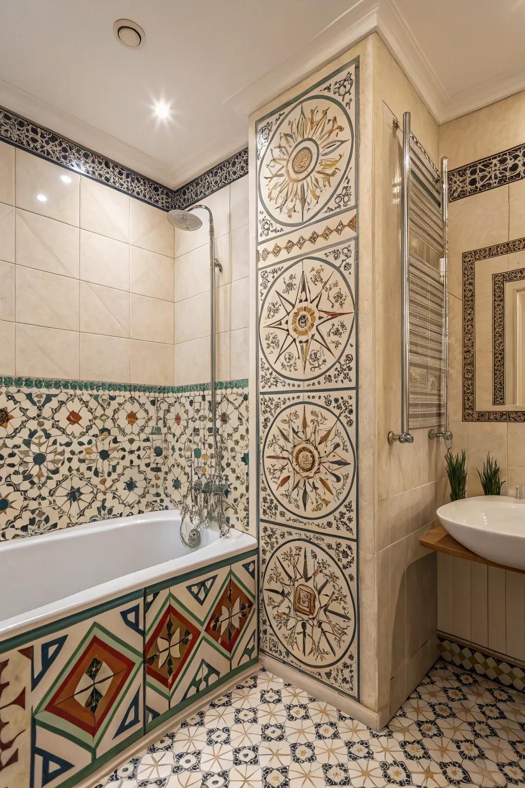 Complex tile details bring depth and visual appeal to the tub and shower space.