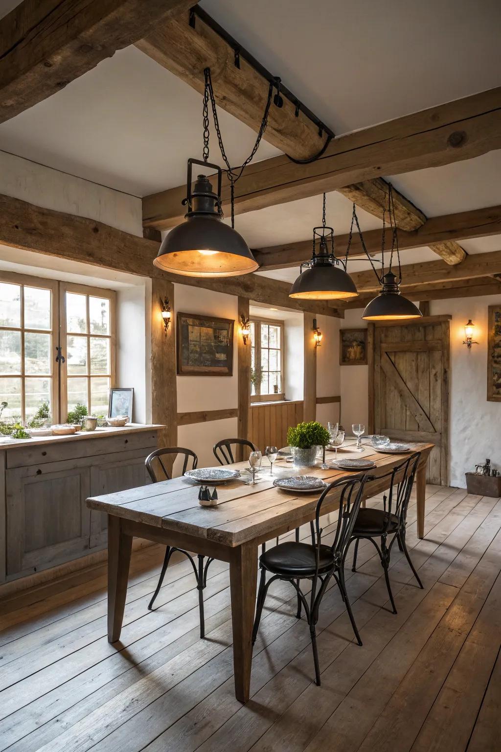 This farmhouse dining room is lit and defined via rustic pendant lights.