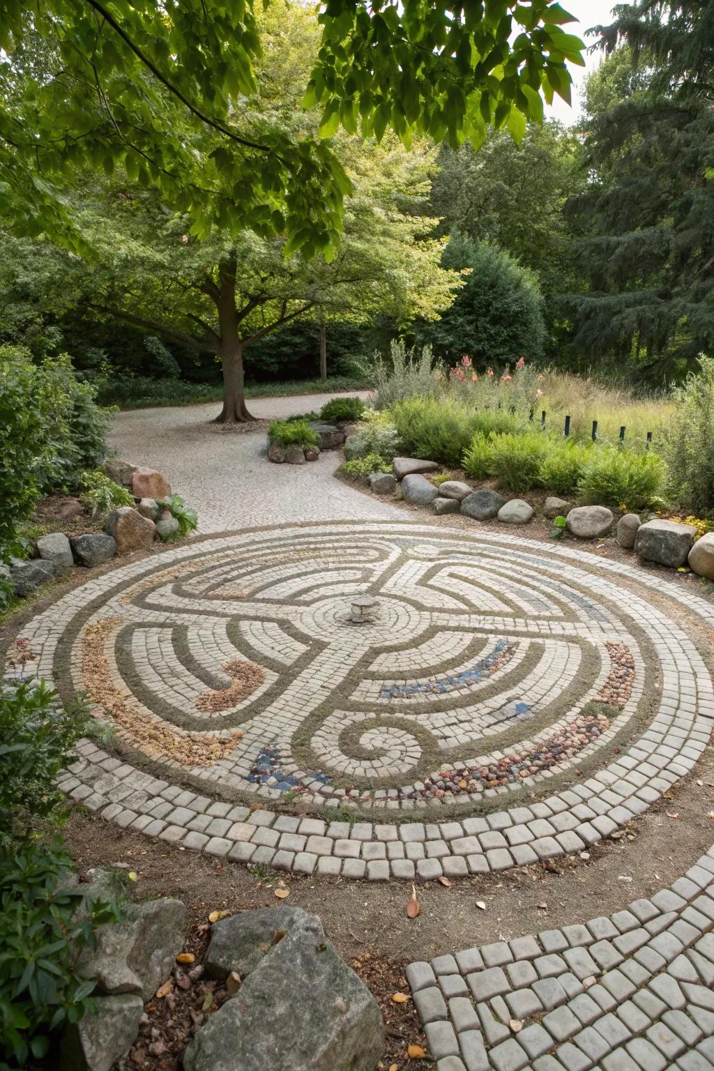 A shingle mosaic labyrinth transforms paths into artistic tapestries.