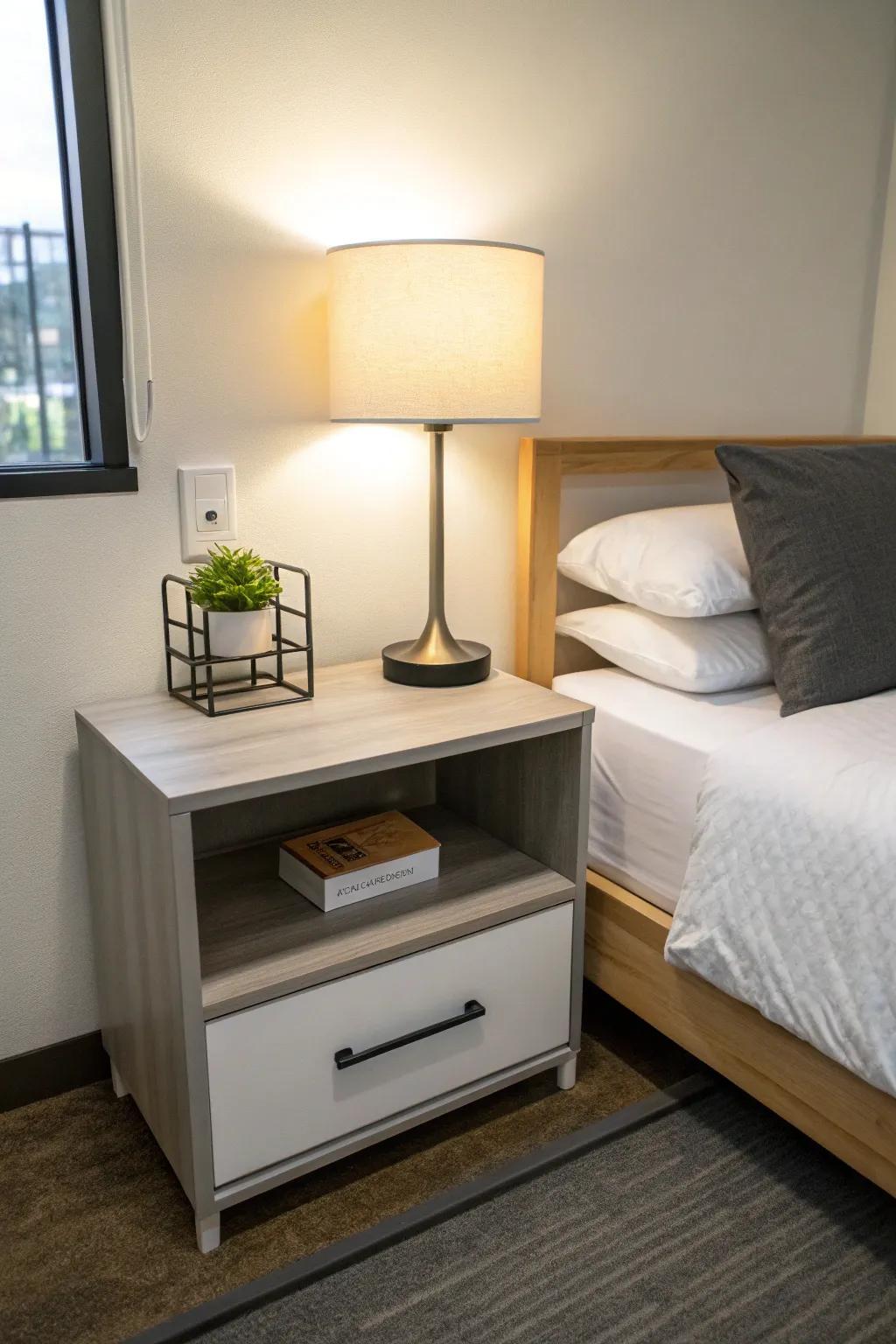 A minimalist nightstand adds to a tidy and peaceful dorm environment.