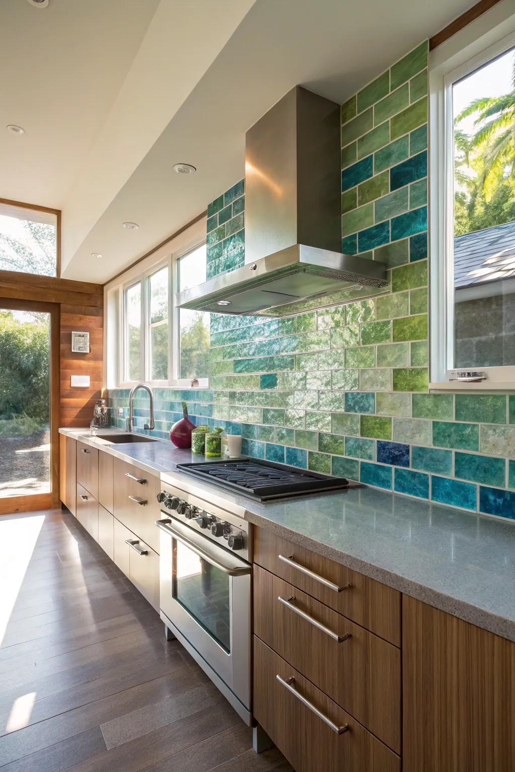 A vibrant glass tile backsplash introduces character to any cooking area.